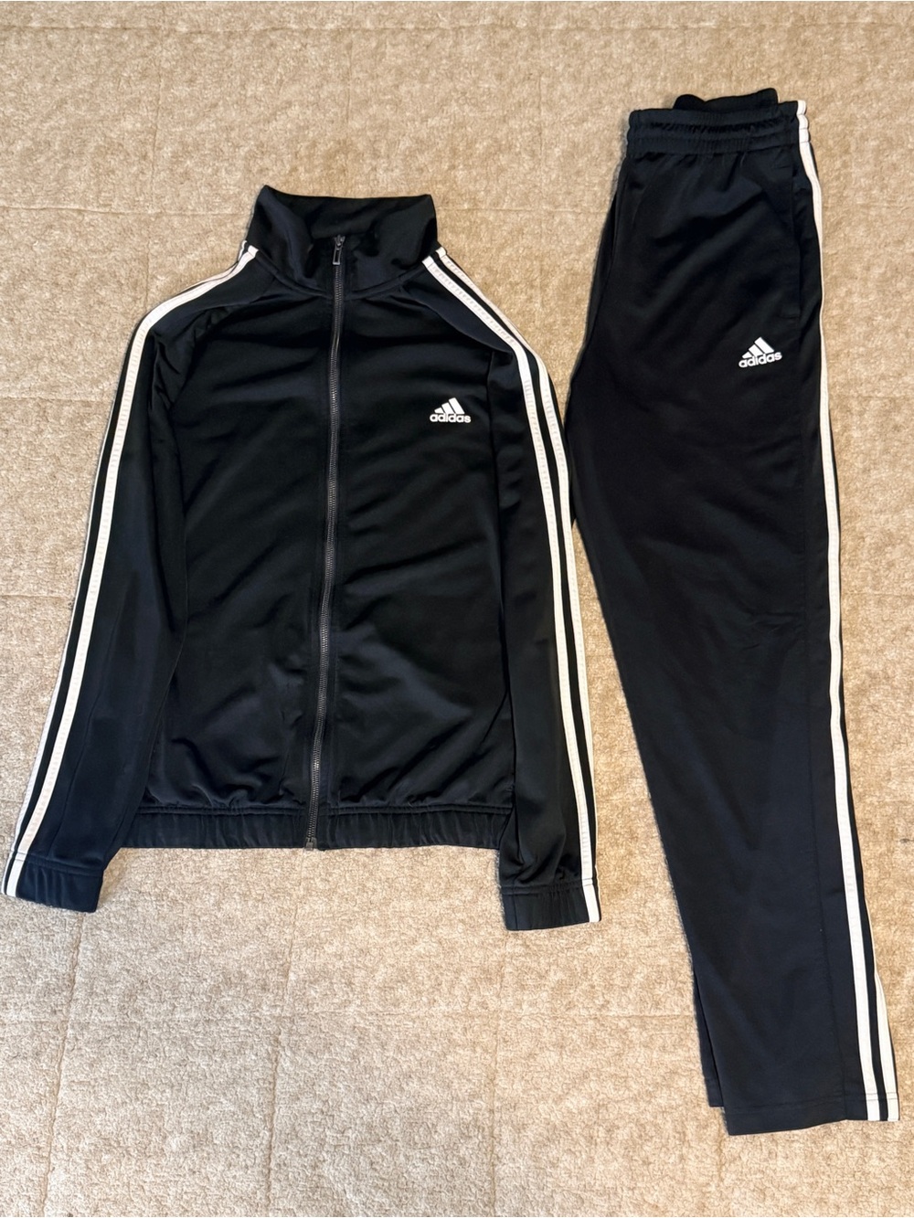 Adidas Black Track Jacket & Pants Set with White Stripes.